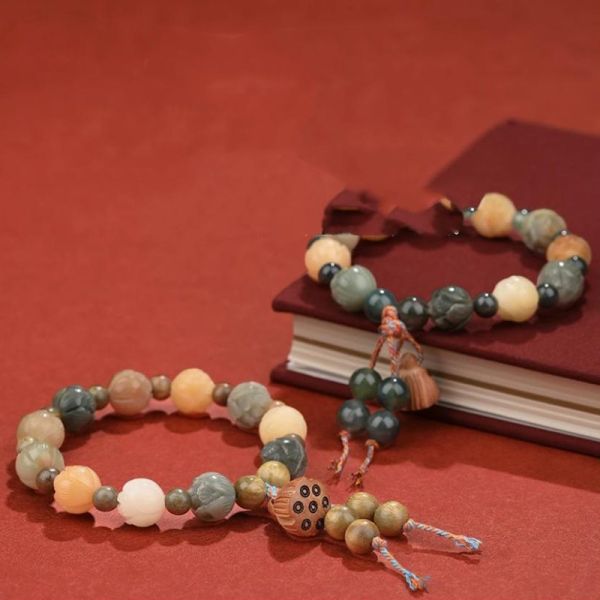 Lotus Carved Bead Bracelet - Turtle Motif Accent, Wooden Lotus Charm