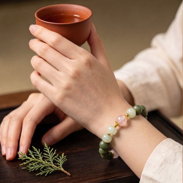 reen Bead Mala Bracelet - Handmade Purple Accent Beads, Mindfulness Jewelry