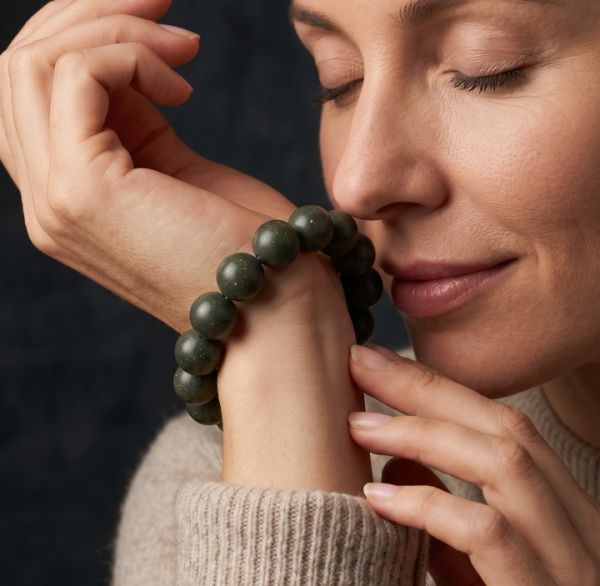 15010ba3-36d6-4aa3-855d-6d26008e031e.jpg Forest Green Bead Bracelet - Handmade Mala with Gold-Speckled Rounds