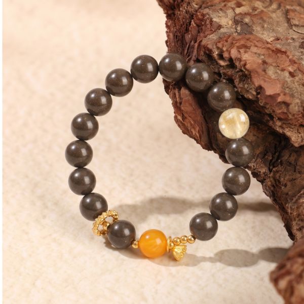 Natural Brown Gold-Fleck Bracelet - Amber Accent Mala for Meditation
