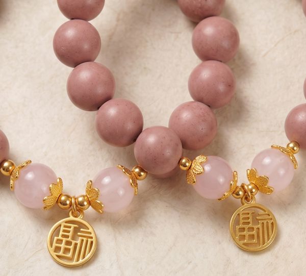 4a064433-738a-4d90-9607-ff51b9b9d7f7.jpg Chinese Blessing Bracelet - Pink Purple Beads, Gold-Tone Fu Charm