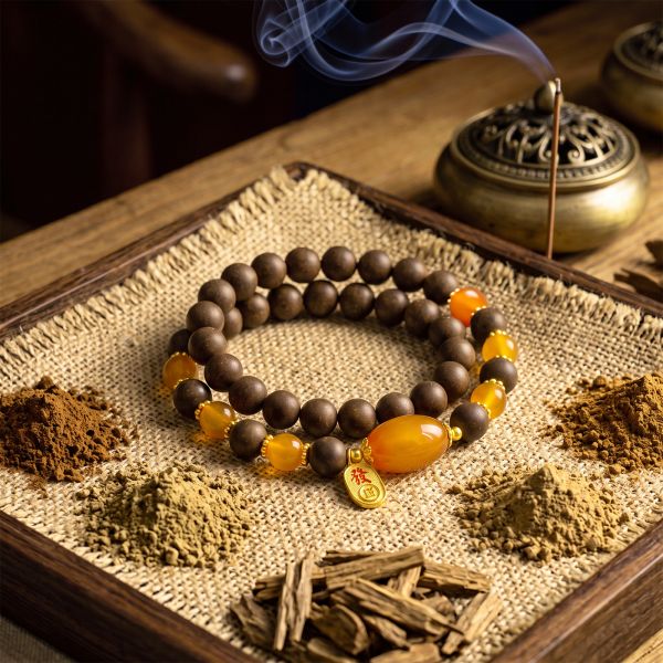 53ecf692-7690-4e11-a7c3-8d294979df51.jpg Chinese Wealth Bracelet - Wooden Beads, Amber Accent & Gold Fa Charm