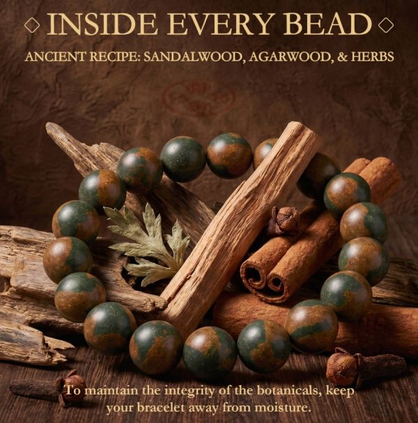 Handmade Incense Bead Bracelet - Green & Brown Swirled Mala for Meditation