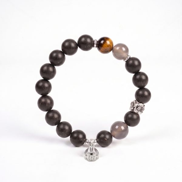 741c3bbc-bb50-4eac-b37b-46d6481dab8a.jpg Black & Tiger Eye Meditation Bracelet - Silver Lotus Pendant, Handmade