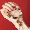 Lotus Carved Bead Bracelet - Turtle Motif Accent, Wooden Lotus Charm