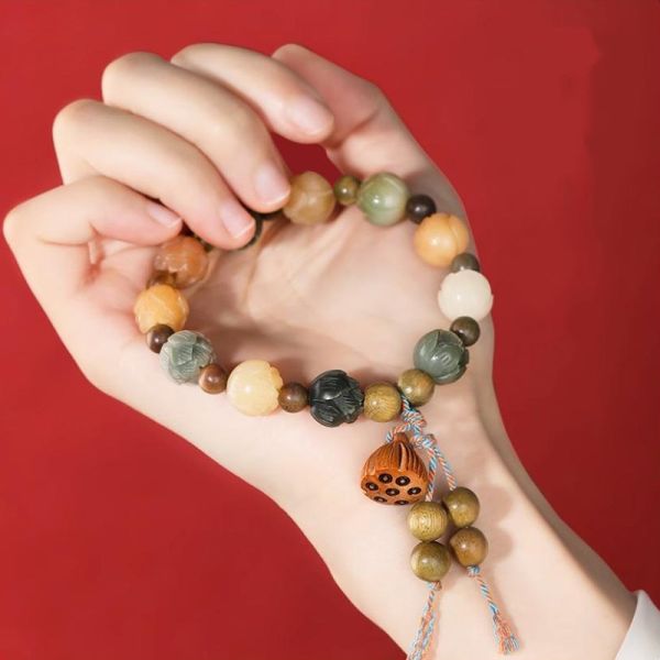 Lotus Carved Bead Bracelet - Turtle Motif Accent, Wooden Lotus Charm