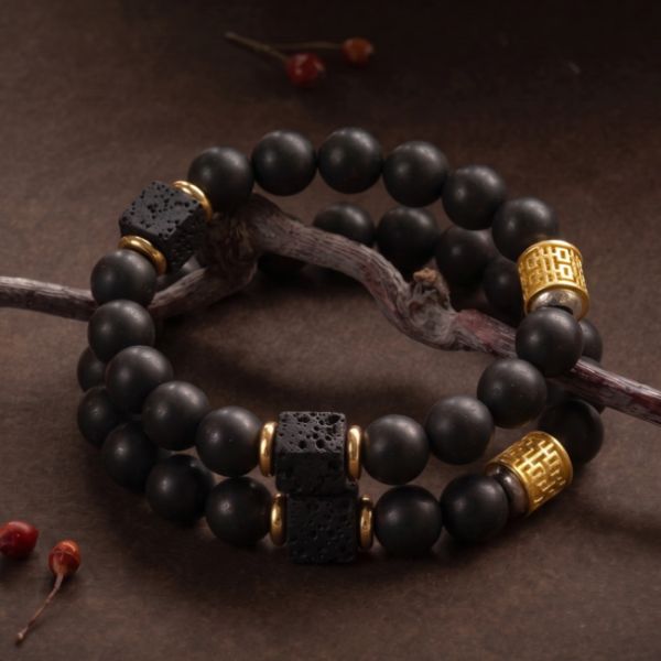 ndmade Black Bead Mala - Gold-Tone Spacers & Charm, Meditation Bracelet