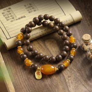 9dd7c4c9-d038-4da1-b8df-00a85c73701f.jpg Chinese Wealth Bracelet - Wooden Beads, Amber Accent & Gold Fa Charm