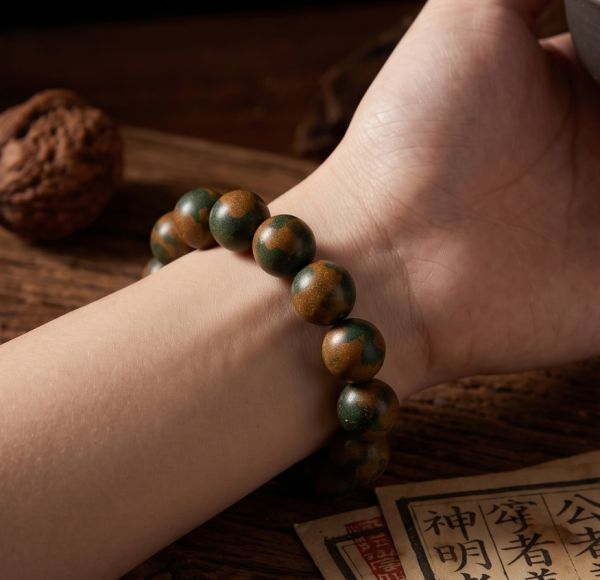 Handmade Incense Bead Bracelet - Green & Brown Swirled Mala for Meditation