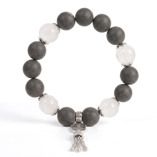 ae7c6e84-232c-46ae-8ebe-242005fe9a48.jpg Black & White Bead Bracelet - Crackle Accent, Handmade Mala with Tassel
