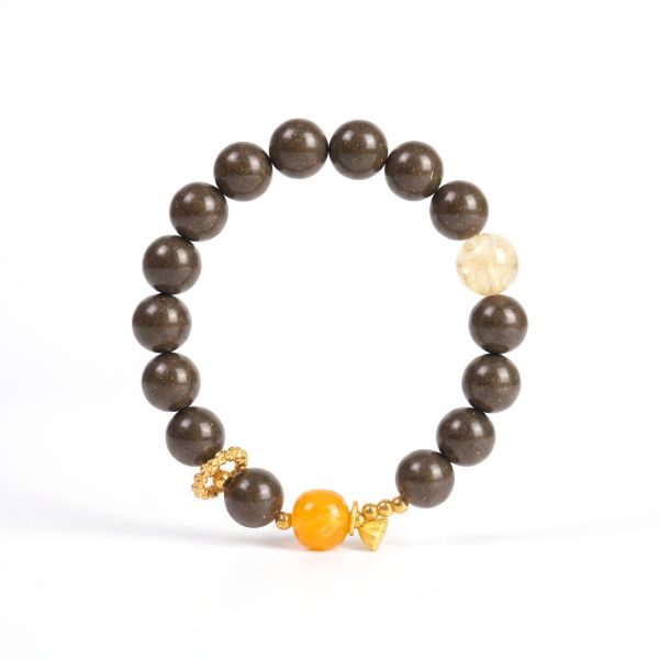 Natural Brown Gold-Fleck Bracelet - Amber Accent Mala for Meditation