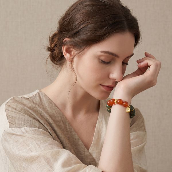 bc4e3403-d9a9-4e74-ae1f-59501bbd3726.jpg Chinese Style Bracelet - Green & Orange-Red Beads, Meditation Mala