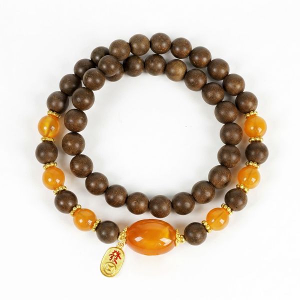 d7286b3b-6f6d-4b13-81ad-bc113bf73880.jpg Chinese Wealth Bracelet - Wooden Beads, Amber Accent & Gold Fa Charm