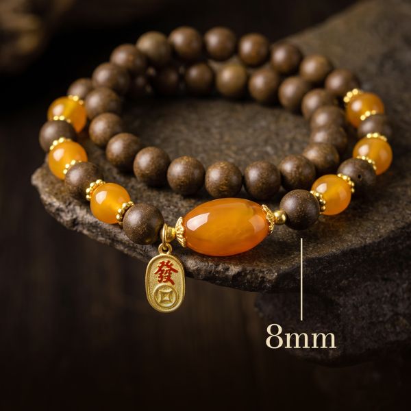 f51147e2-6c1c-4ad1-a60e-6b71ce01c816.jpg Chinese Wealth Bracelet - Wooden Beads, Amber Accent & Gold Fa Charm