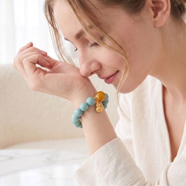 fc7cd080-31d0-4613-b6e3-cb1179f9742b.jpg Turquoise & Gold Bead Bracelet - Handmade Mala with Filigree Charm